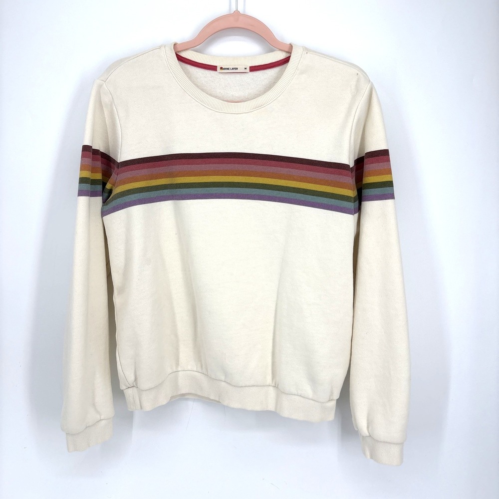 Marine Layer Sweatshirt Womens Medium Cream Cloud 9 Striped Rainbow Fleece Crew